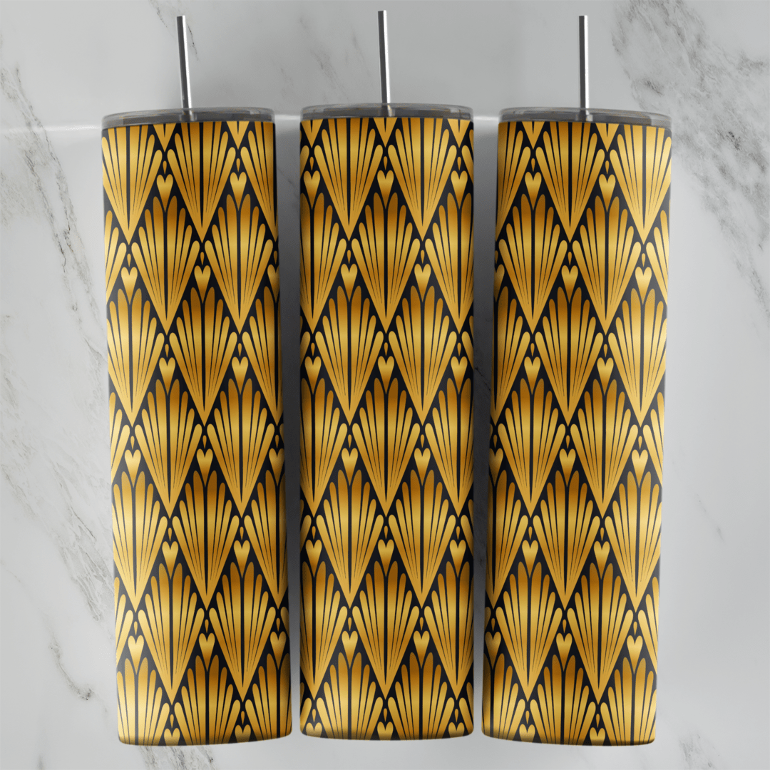 A 20 oz skinny tumbler wrap with a black and gold art deco pattern of small fan shapes stacked in a scale design. Sublimation design