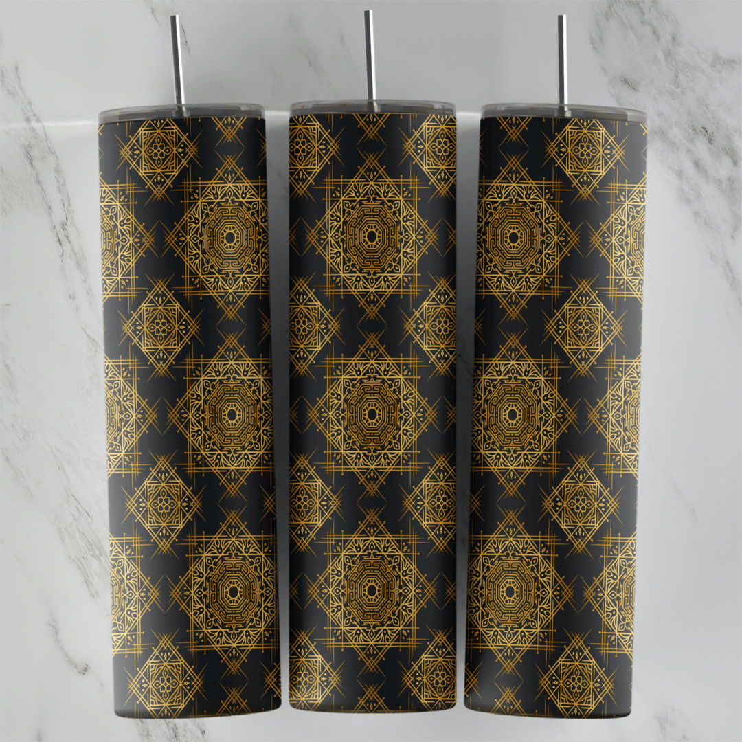 A 20 oz skinny tumbler wrap with a black and gold lattice of small mandala medallions and diamond shapes repeating around the cup. Sublimation design