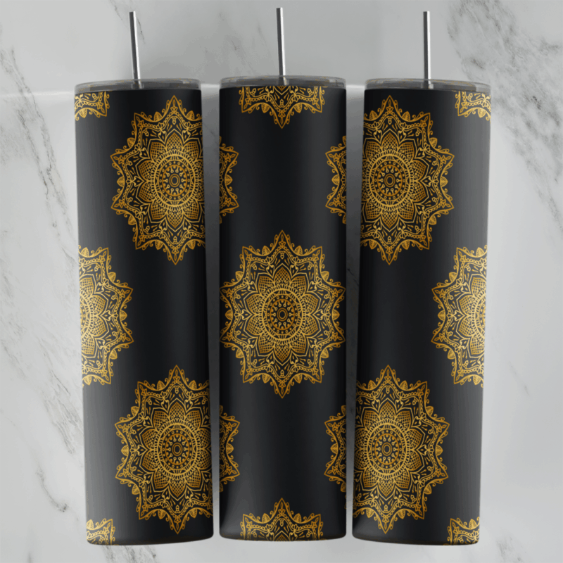 A 20 oz skinny tumbler wrap with big round gold lace medallions scattered on black for a simple luxury look. Sublimation design