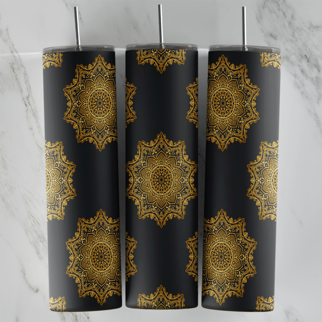 A 20 oz skinny tumbler wrap with big round gold lace medallions scattered on black for a simple luxury look. Sublimation design