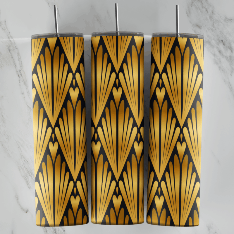 A 20 oz skinny tumbler wrap with a black and gold art deco pattern of large shell shaped fans arranged in diamond rows. Sublimation design