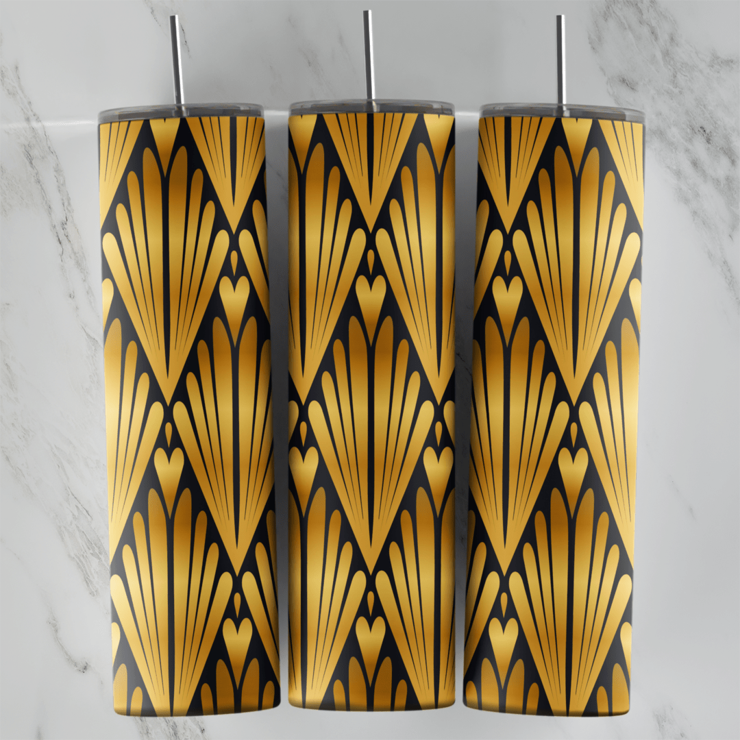 A 20 oz skinny tumbler wrap with a black and gold art deco pattern of large shell shaped fans arranged in diamond rows. Sublimation design