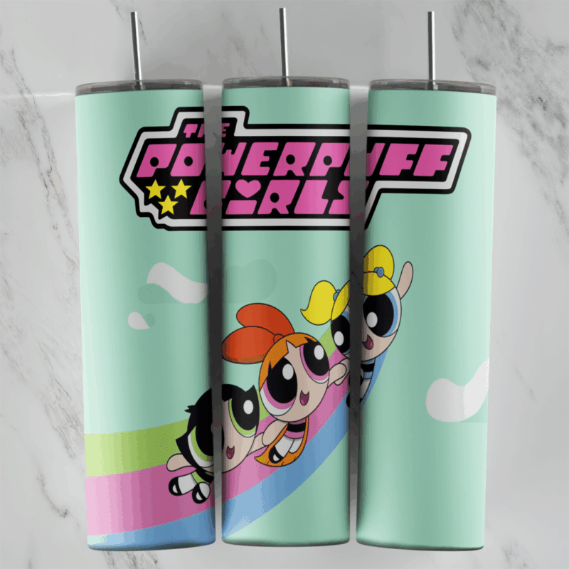 A Powerpuff Girls tumbler wrap: a mint background with The Powerpuff Girls logo in pink and Blossom, Bubbles and Buttercup flying. Sublimation design