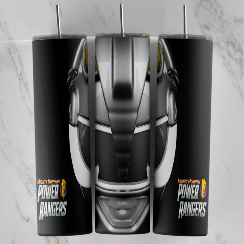 A full 20 oz skinny tumbler wrap showing the Black Ranger helmet from Power Rangers, a silver and black visor on a black. Sublimation design