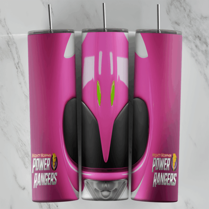 A full 20 oz skinny tumbler wrap showing the Pink Ranger helmet from Power Rangers, a pink helmet with a dark visor. Sublimation design