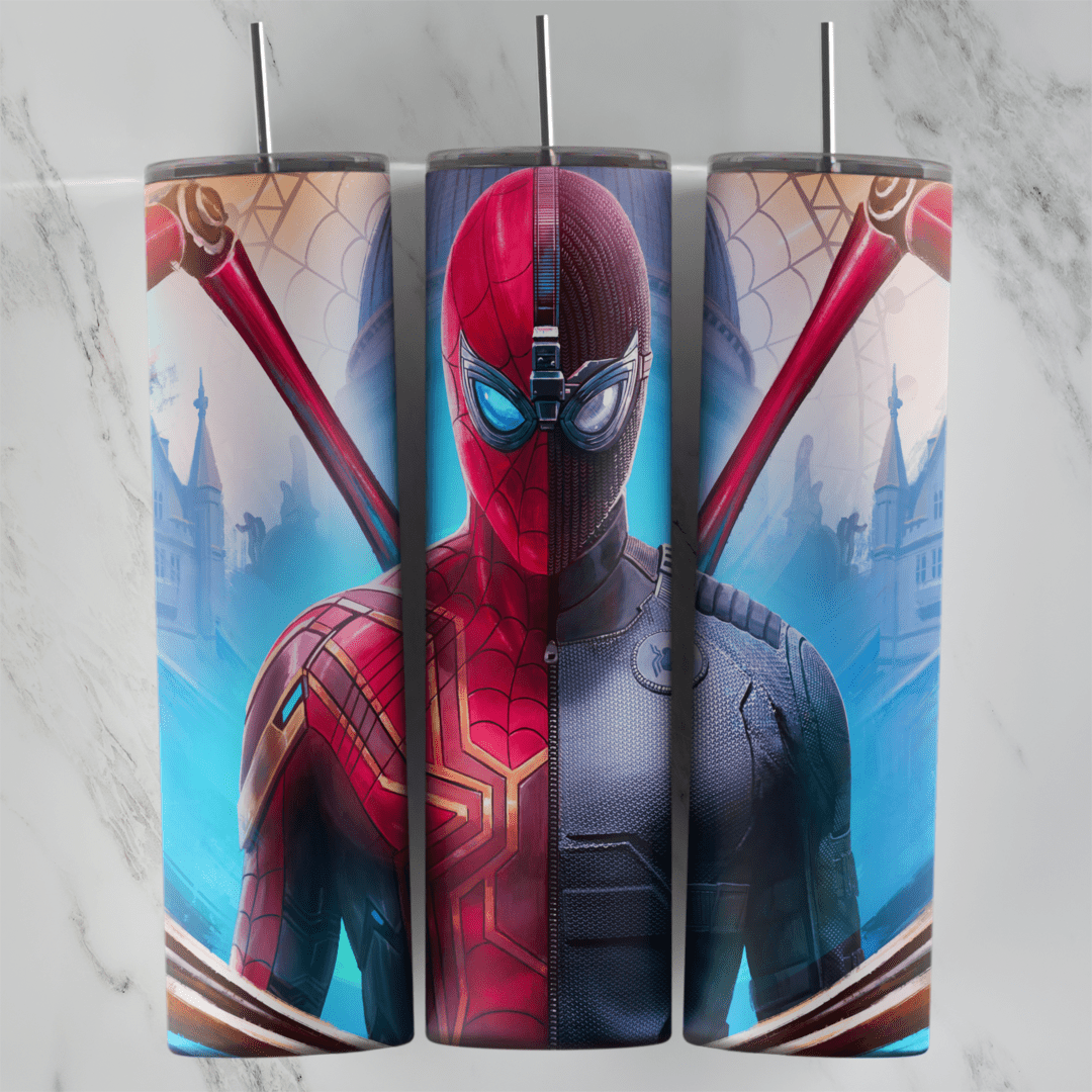 A 20 oz skinny tumbler wrap with Spider-Man shown half in his red and blue suit and half in a black stealth suit with goggles. Sublimation design