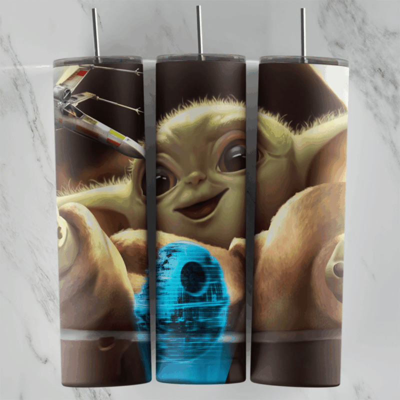 A full 20 oz skinny tumbler wrap with Grogu, known as Baby Yoda, smiling with a blue Death Star mug and an X-wing fighter above. Sublimation design