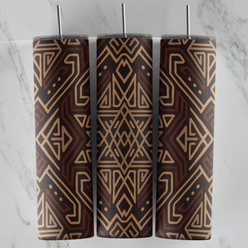 A 20 oz skinny tumbler wrap with a brown and beige tribal geometric pattern of nested diamonds, zigzag lines and stepped shapes. Sublimation design
