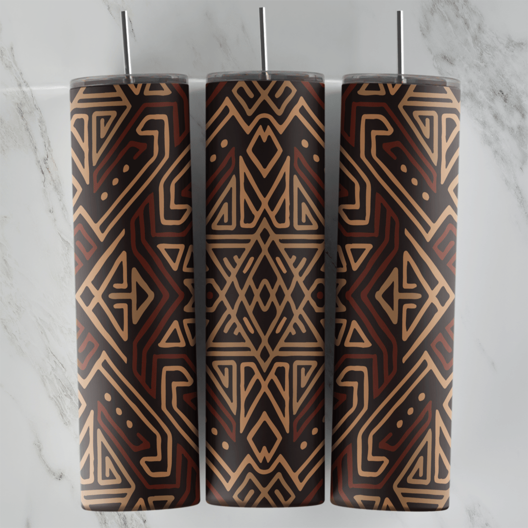 A 20 oz skinny tumbler wrap with a brown and beige tribal geometric pattern of nested diamonds, zigzag lines and stepped shapes. Sublimation design