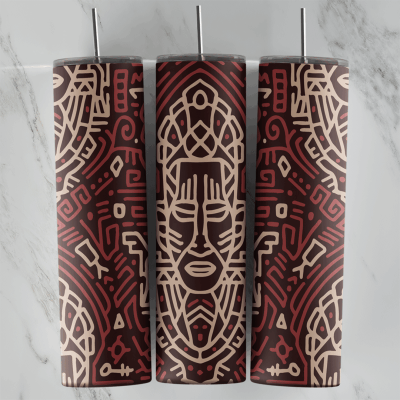 A 20 oz skinny tumbler wrap with a tall tribal mask in beige line art over a maroon maze pattern of geometric lines. Sublimation design