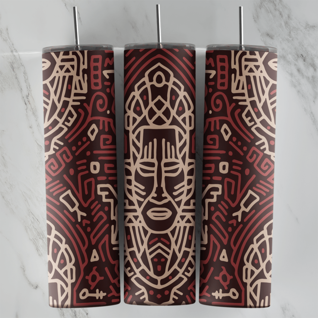A 20 oz skinny tumbler wrap with a tall tribal mask in beige line art over a maroon maze pattern of geometric lines. Sublimation design