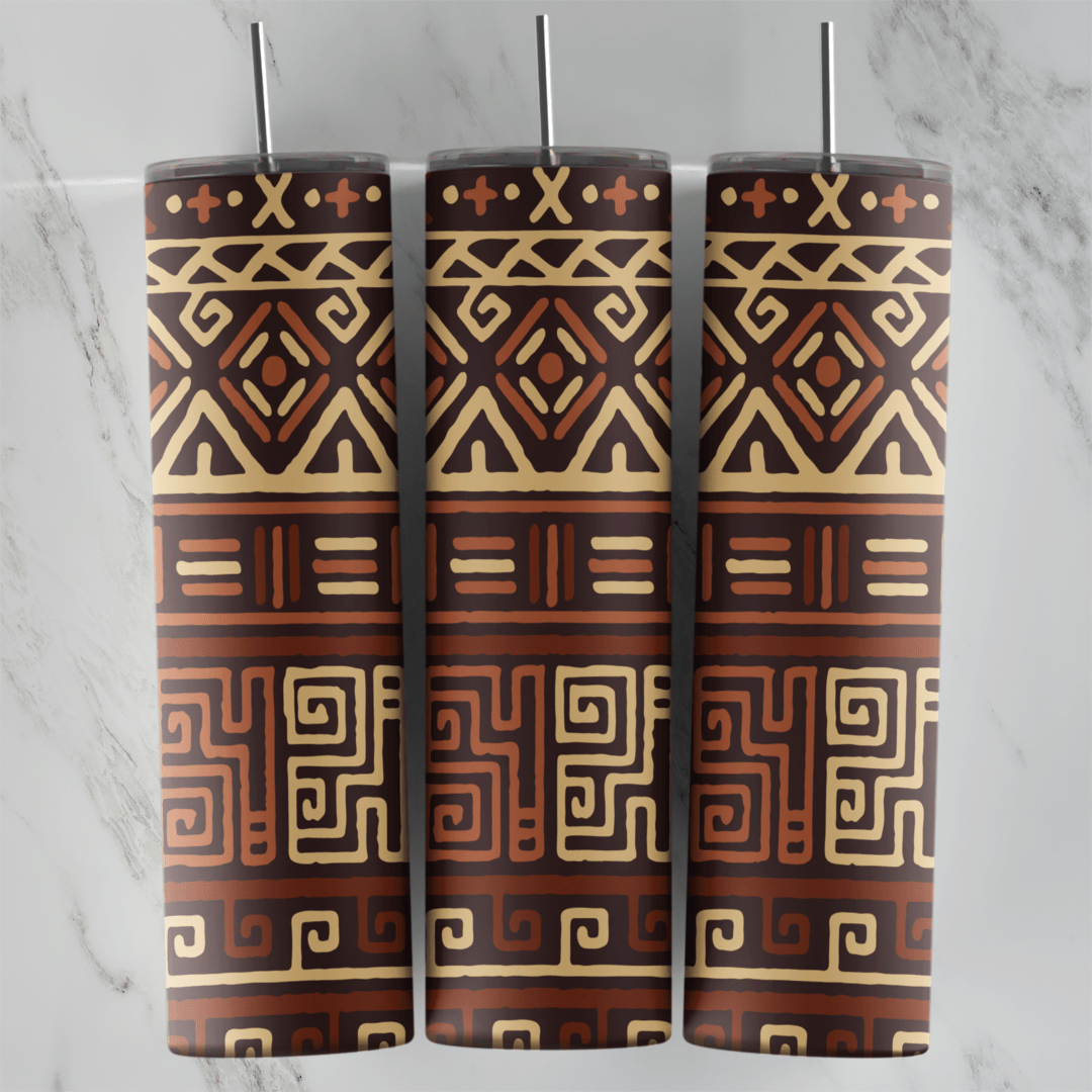 A 20 oz skinny tumbler wrap with an earthy tribal geometric design in brown, rust and cream: stacked bands of triangles, diamonds. Sublimation design