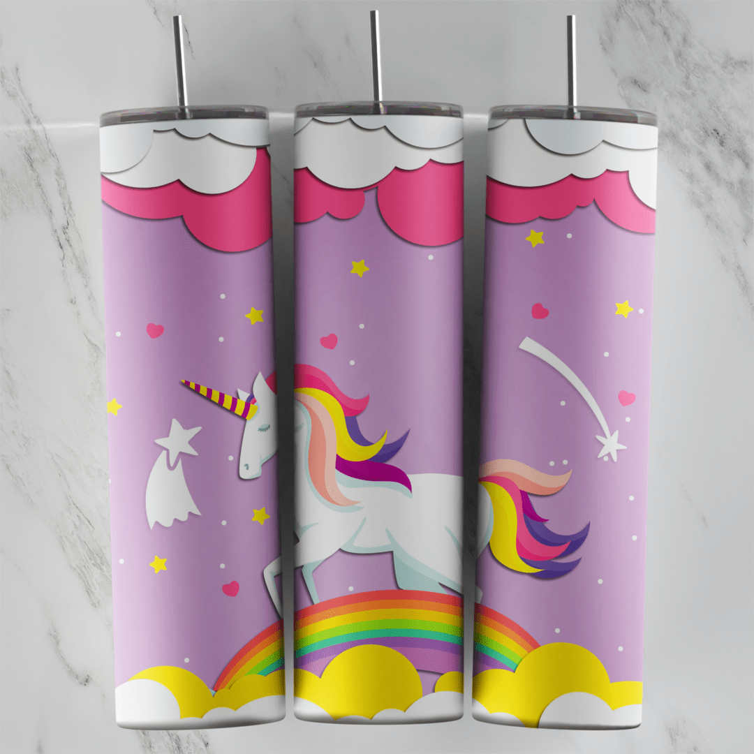 A 20 oz skinny tumbler wrap with a white unicorn trotting over a rainbow and yellow clouds, with pink clouds, stars and hearts. Sublimation design