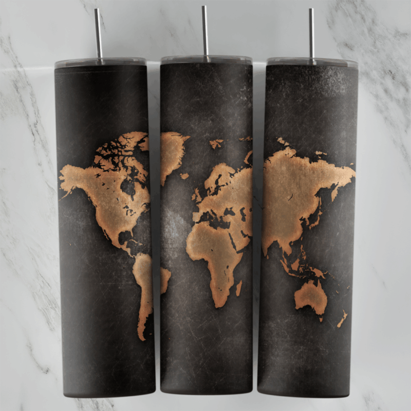 A black grunge 20 oz tumbler wrap with a bronze toned world map, the continents in a worn leather like texture. Sublimation design
