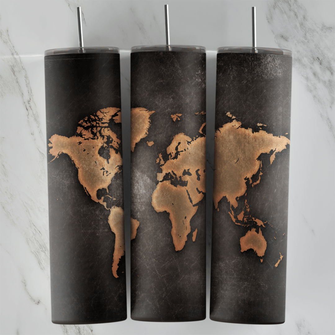 A black grunge 20 oz tumbler wrap with a bronze toned world map, the continents in a worn leather like texture. Sublimation design