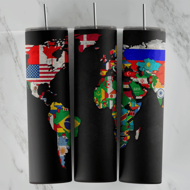 A black 20 oz tumbler wrap with the continents filled in by country flags, including the United States, Russia, Brazil, India. Sublimation design