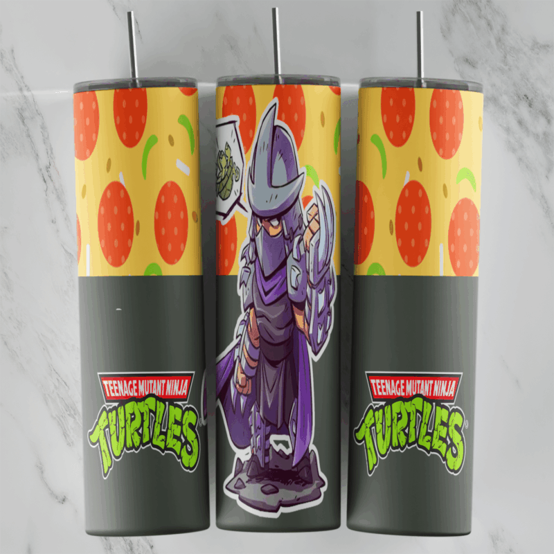 A 20 oz skinny tumbler wrap with a chibi Shredder in his armor and cape, the Teenage Mutant Ninja Turtles logo on dark grey. Sublimation design