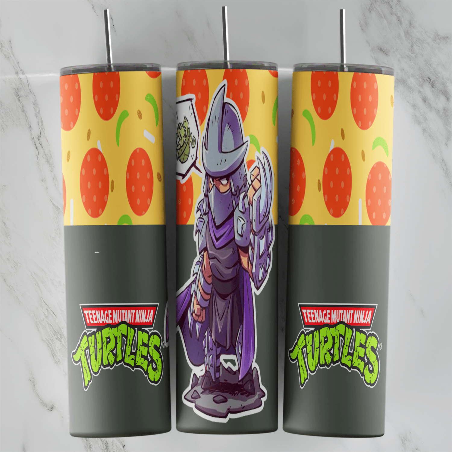 A 20 oz skinny tumbler wrap with a chibi Shredder in his armor and cape, the Teenage Mutant Ninja Turtles logo on dark grey. Sublimation design