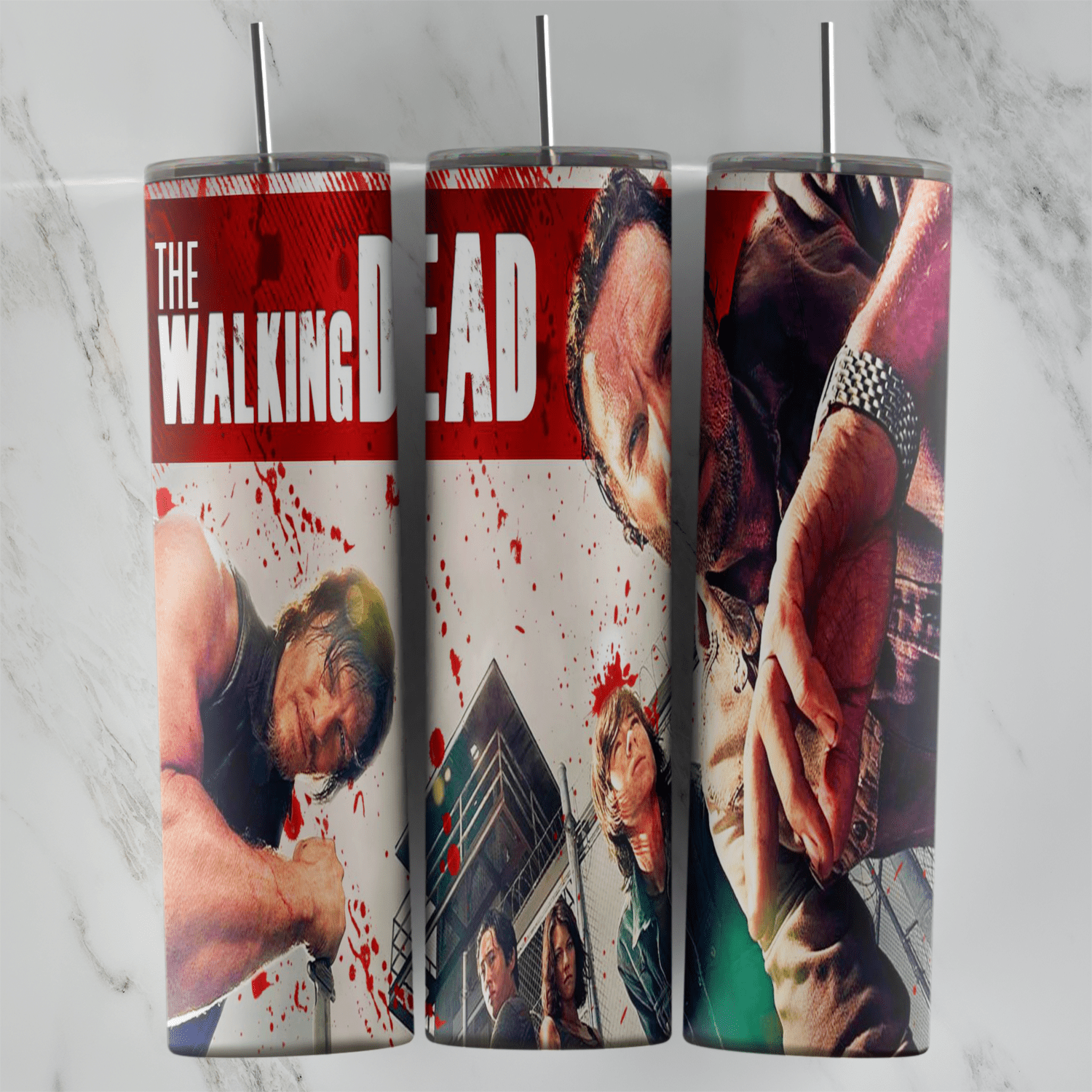 A The Walking Dead tumbler wrap with the logo in red and white and photo collage scenes of the characters splattered with blood. Sublimation design