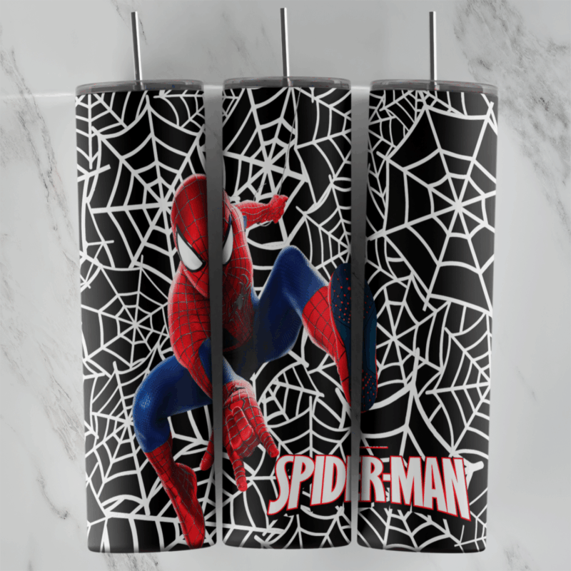 A 20 oz skinny tumbler wrap covered in a white spider web pattern on black, with Spider-Man crouching and the Spider-Man logo. Sublimation design