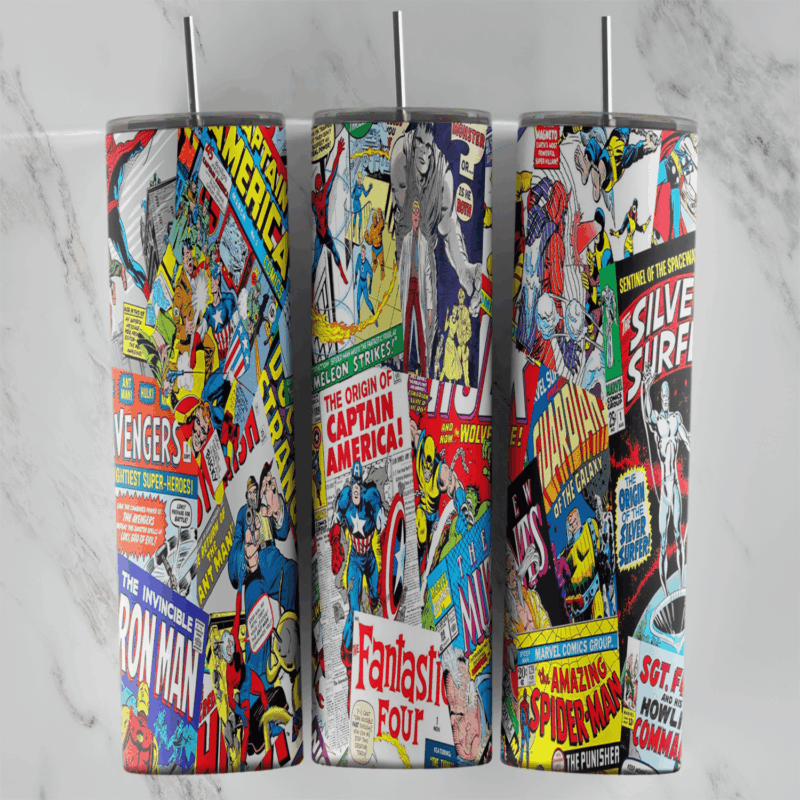 A vintage comic cover collage tumbler wrap with Avengers, Captain America, Fantastic Four, Silver Surfer, Iron Man and Spider-Man. Sublimation design