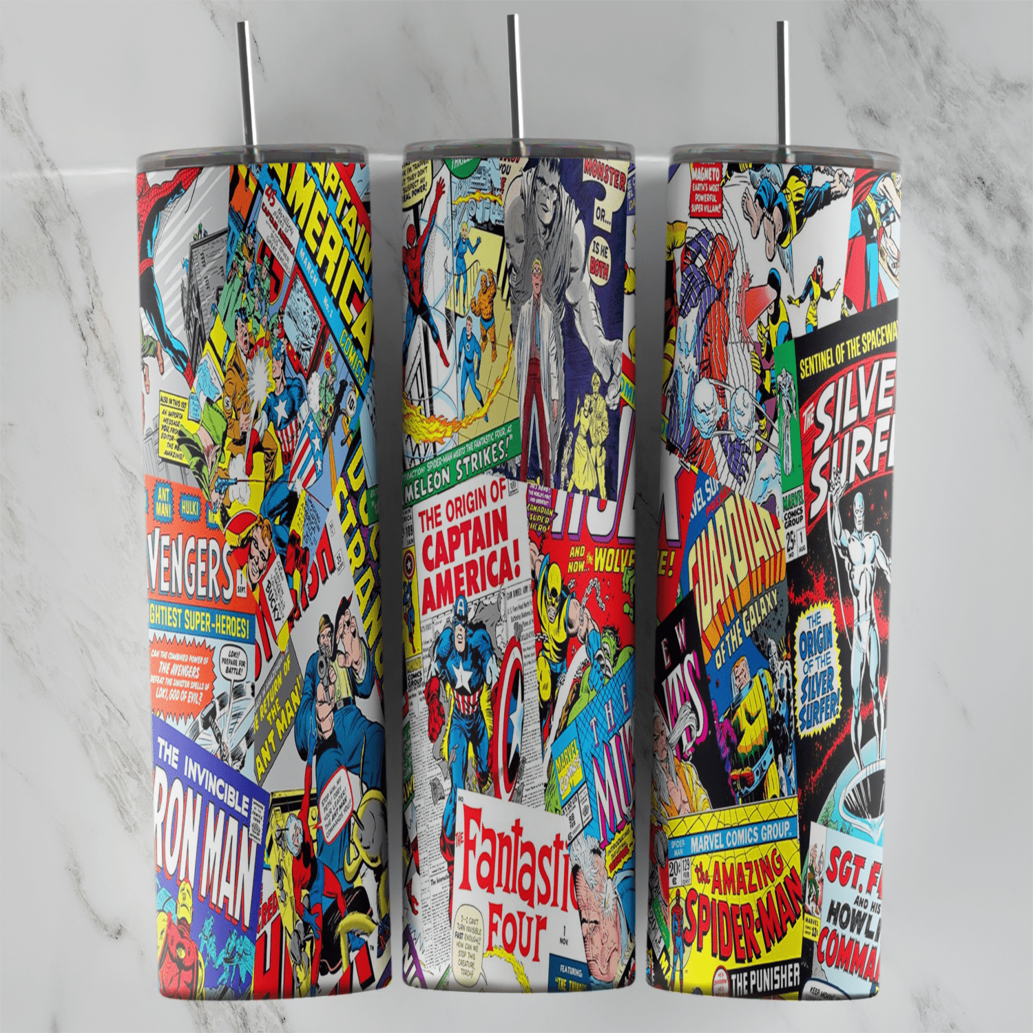 A vintage comic cover collage tumbler wrap with Avengers, Captain America, Fantastic Four, Silver Surfer, Iron Man and Spider-Man. Sublimation design
