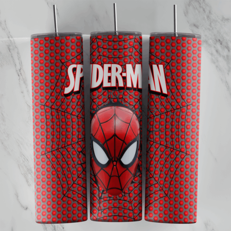 A 20 oz skinny tumbler wrap on red dotted suit texture with faint webs, a Spider-Man mask face in the center and the Spider-Man. Sublimation design
