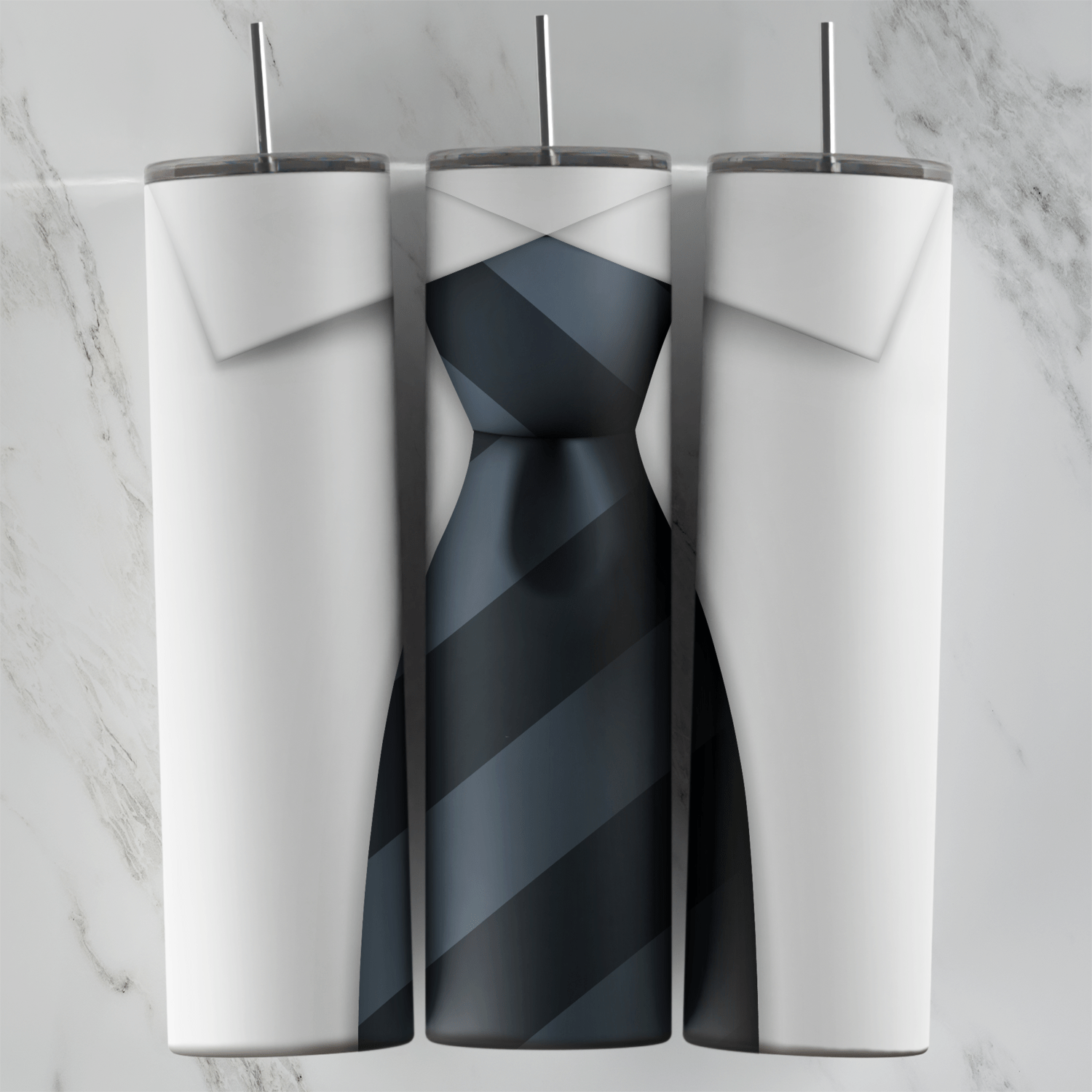 A suit tumbler wrap styled as a formal shirt: a crisp white shirt collar with a wide gray and black striped tie down the front. Sublimation design