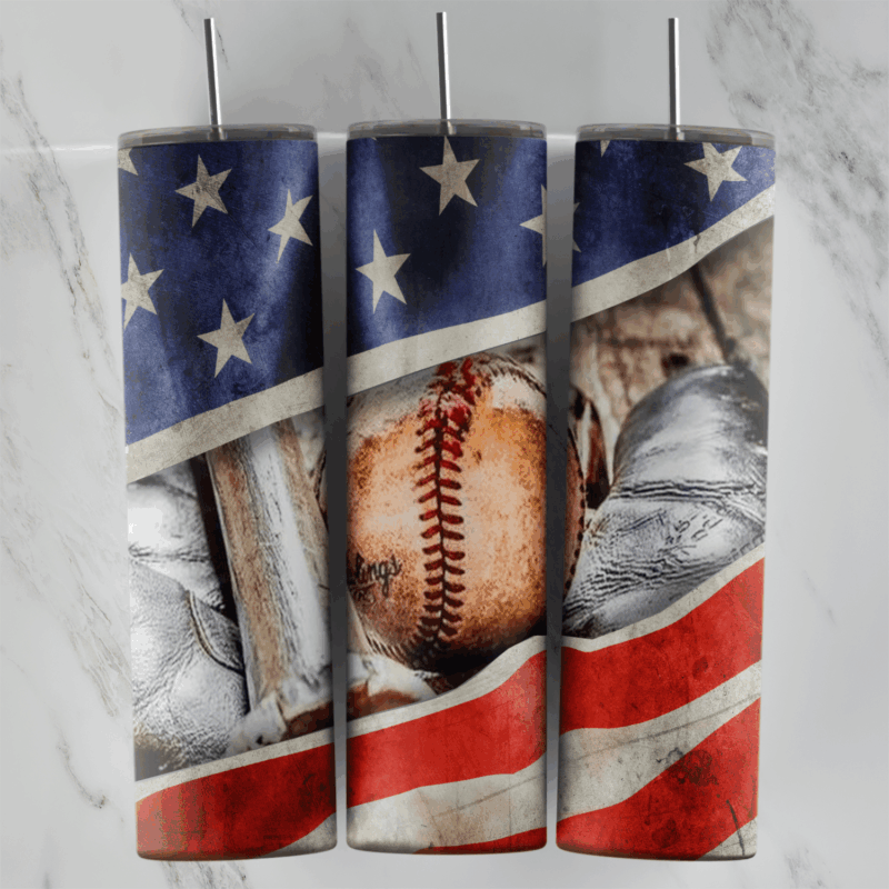 A 20 oz skinny tumbler wrap with a baseball, a wooden bat and a glove behind a torn, weathered American flag with white stars. Sublimation design