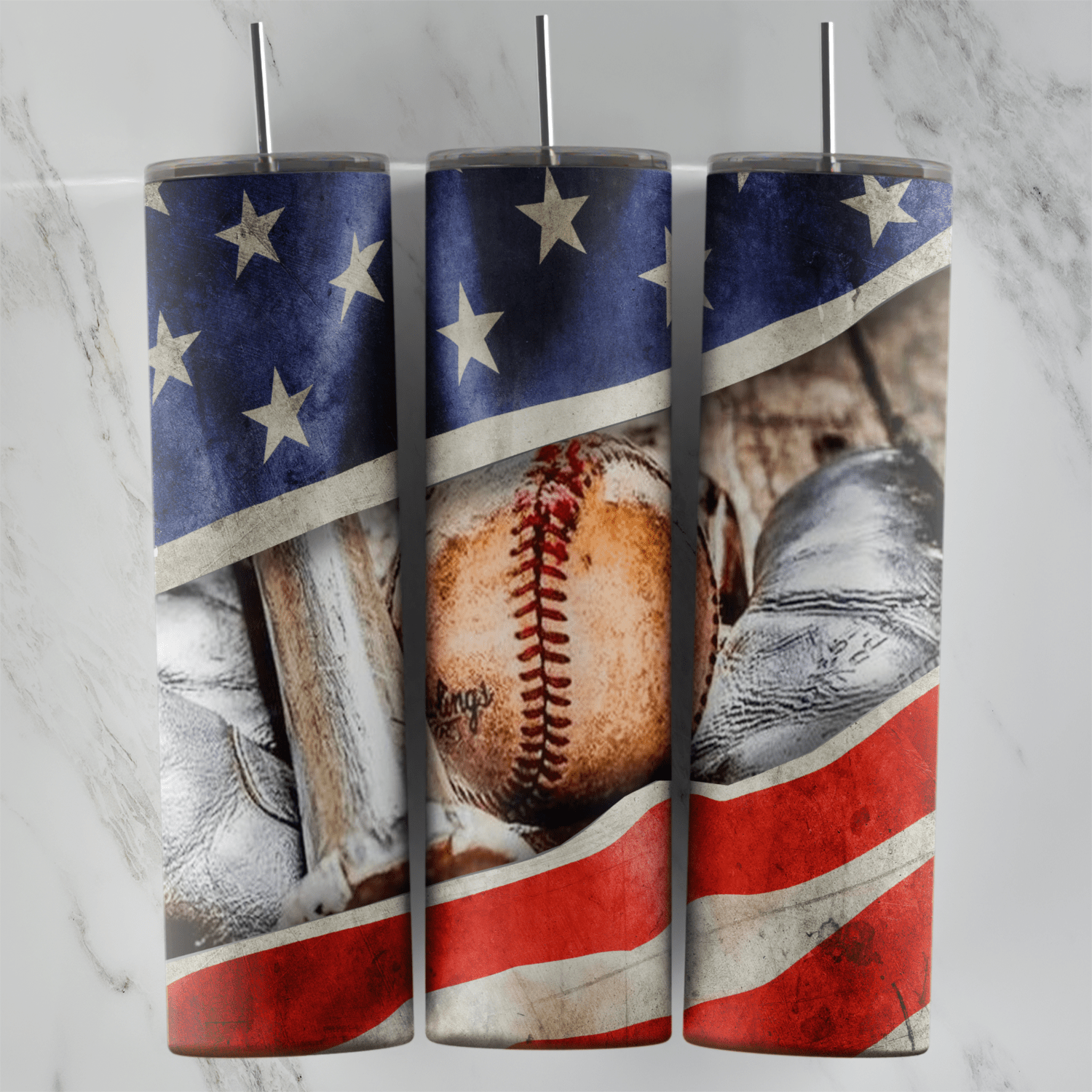 A 20 oz skinny tumbler wrap with a baseball, a wooden bat and a glove behind a torn, weathered American flag with white stars. Sublimation design