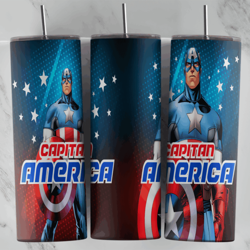 A 20 oz skinny tumbler wrap on dark blue with stars, showing Captain America twice with his shield and two Capitan America titles. Sublimation design