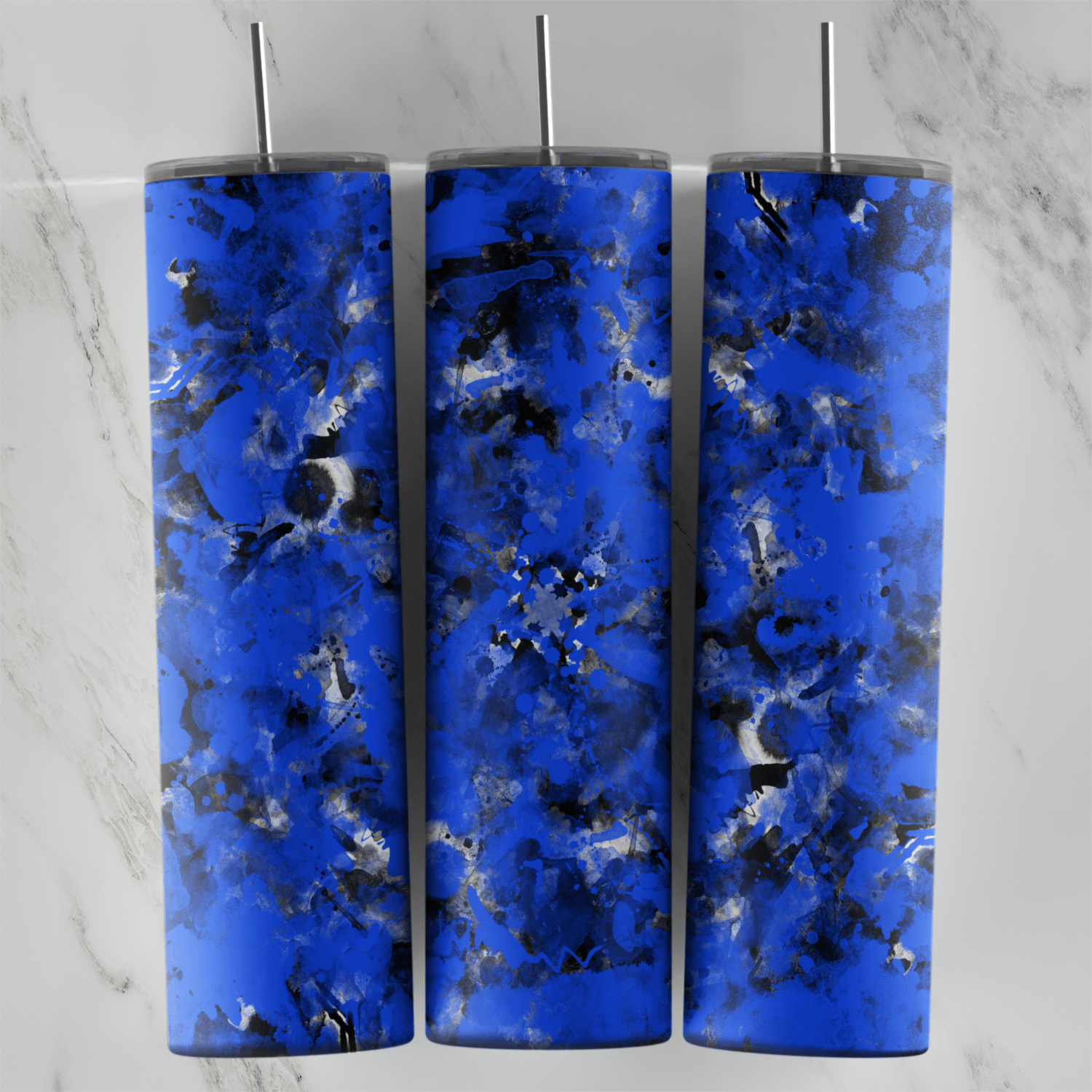 A royal blue camo tumbler wrap with a marbled pattern of cobalt blue, black and white patches, like a painted or ink splashed. Sublimation design