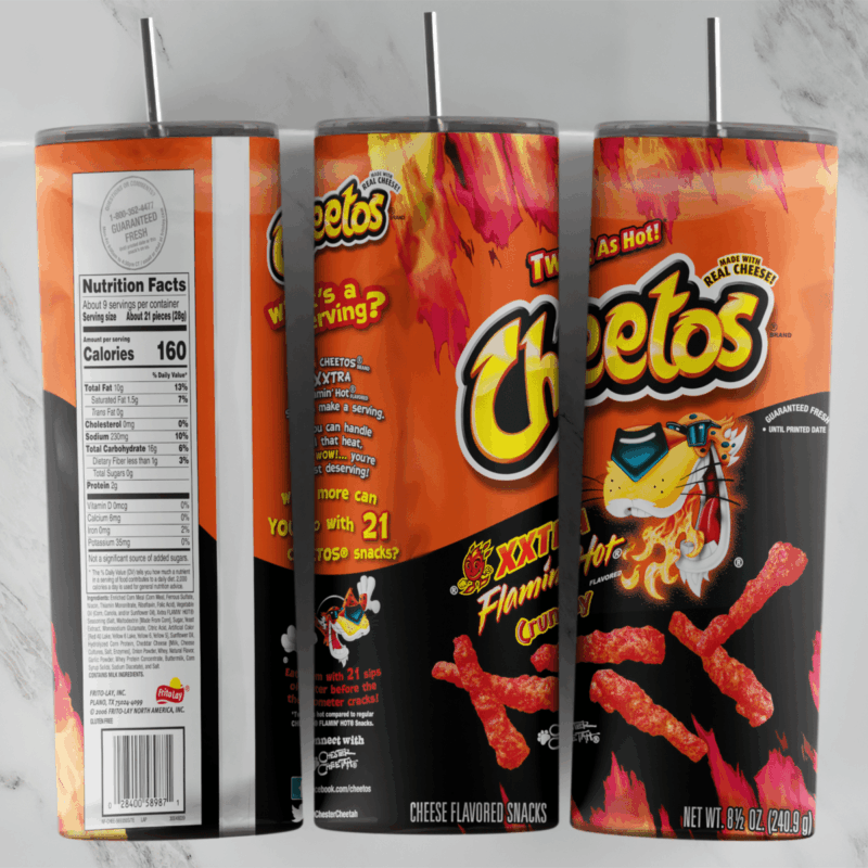 A 20 oz skinny tumbler wrap styled as a Cheetos Xxtra Flamin’ Hot bag: Chester Cheetah in flames, red hot puffs, Twice As Hot. Sublimation design