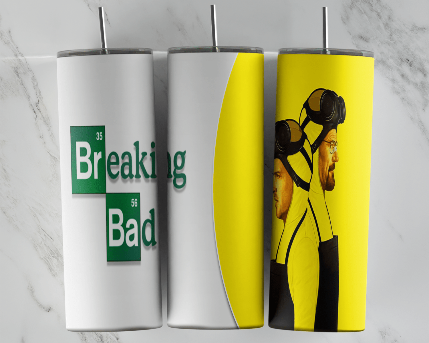 A white 20 oz tumbler wrap with the green Breaking Bad logo and a yellow panel with Walter and Jesse in yellow suits and gas masks. Sublimation design