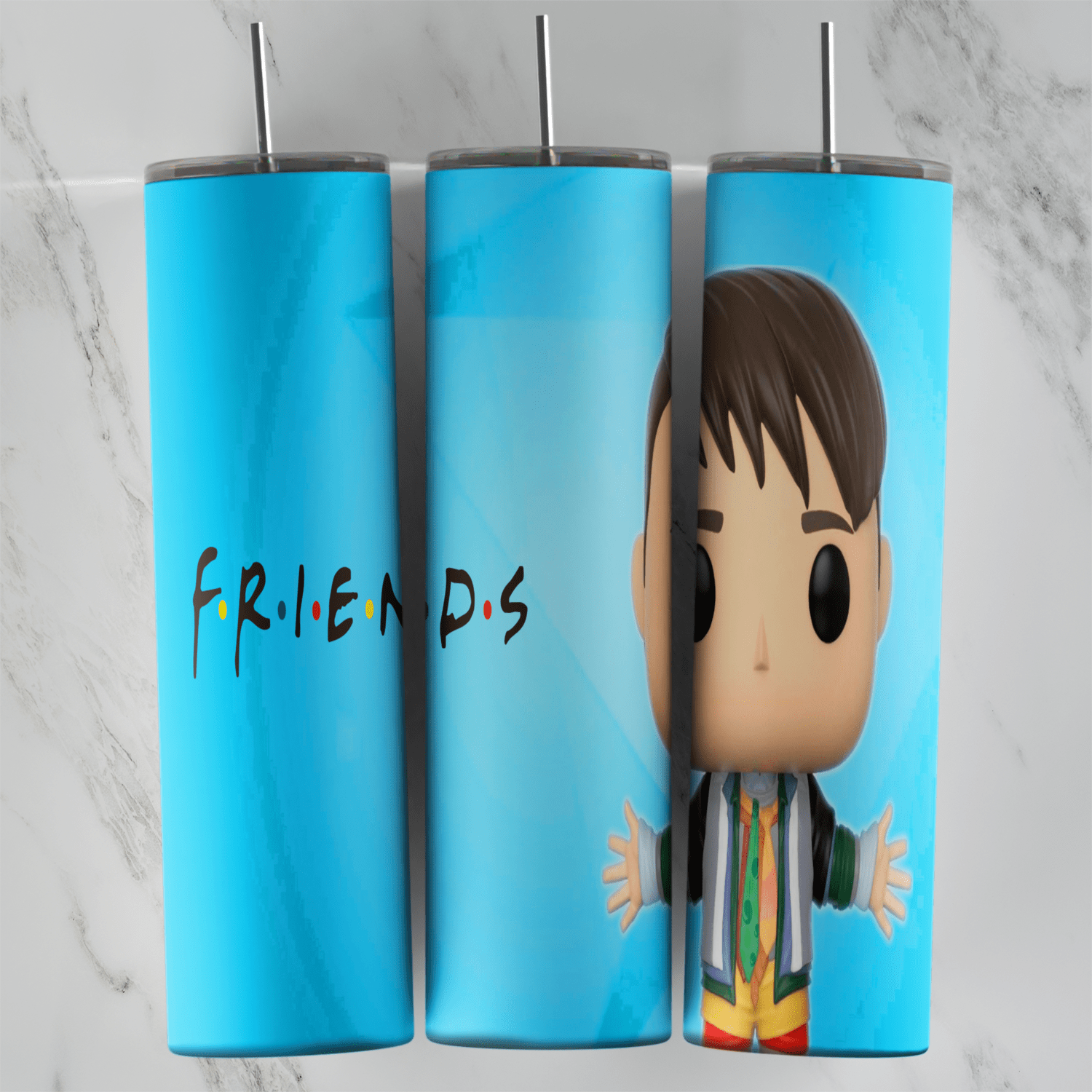A light blue Friends tumbler wrap with the dotted F.R.I.E.N.D.S logo and a big headed chibi figure with brown hair. Sublimation design