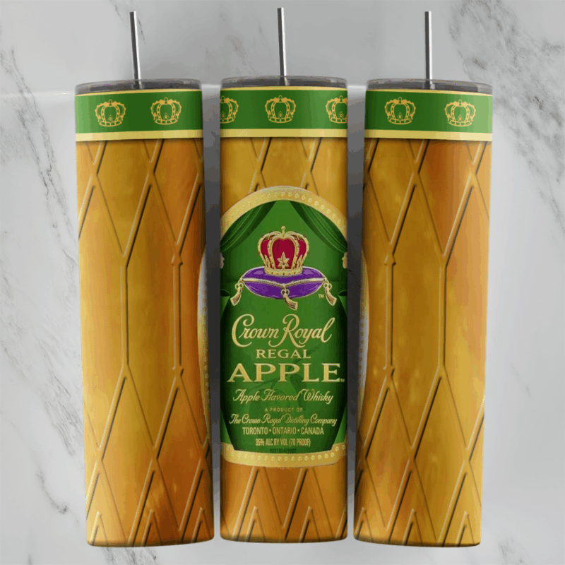 A 20 oz skinny tumbler wrap with a golden diamond pattern, a green band of crowns and a Crown Royal Regal Apple whisky label. Sublimation design
