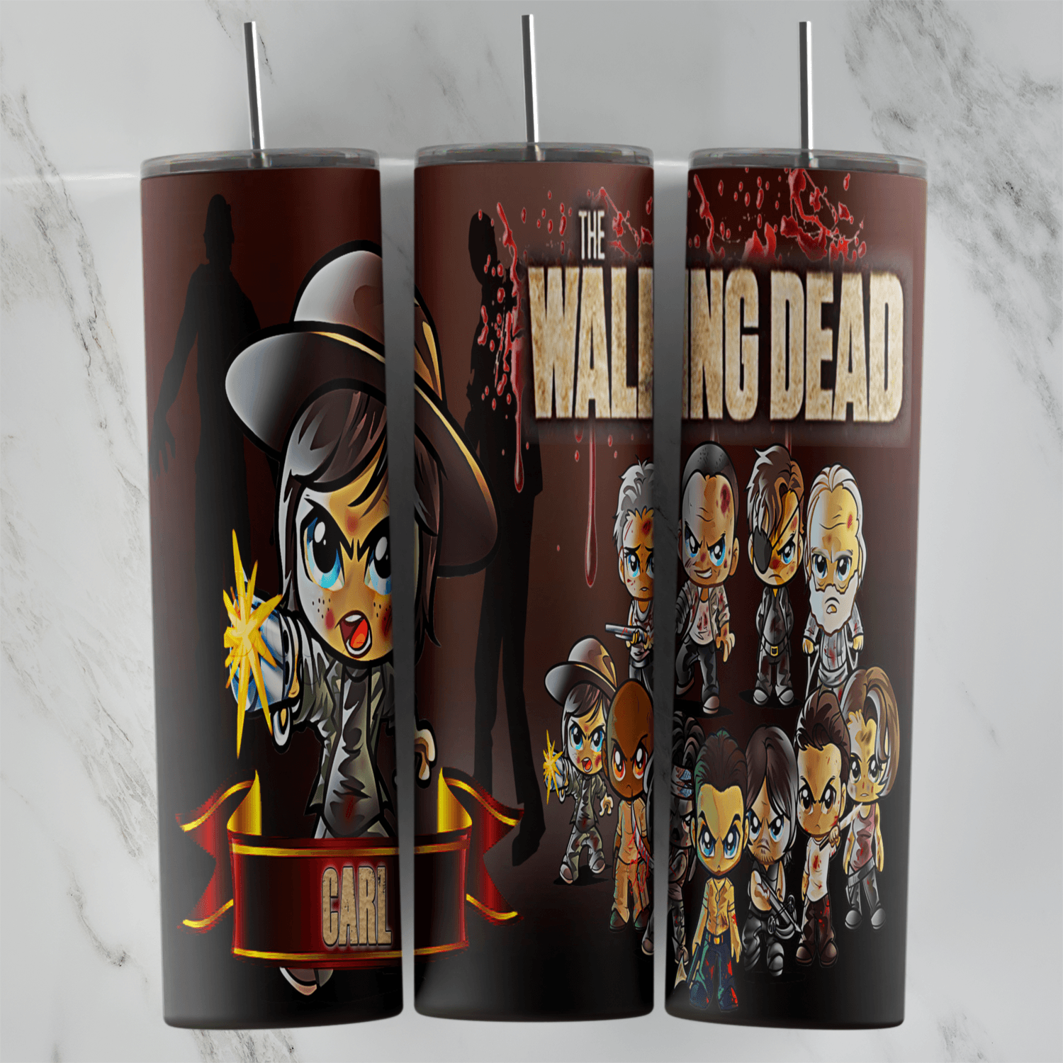 A dark red The Walking Dead tumbler wrap with a group of chibi survivors, a chibi woman in a hat firing a gun and a red banner. Sublimation design