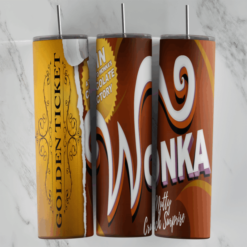 A 20 oz skinny tumbler wrap styled as a Wonka chocolate bar: a Golden Ticket wrapper edge, the brown Wonka logo with a swirl. Sublimation design