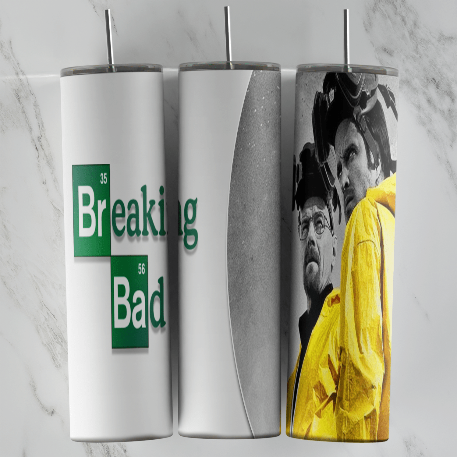 A white 20 oz tumbler wrap with the Breaking Bad logo and a gray photo panel of Walter White and Jesse Pinkman wearing yellow. Sublimation design