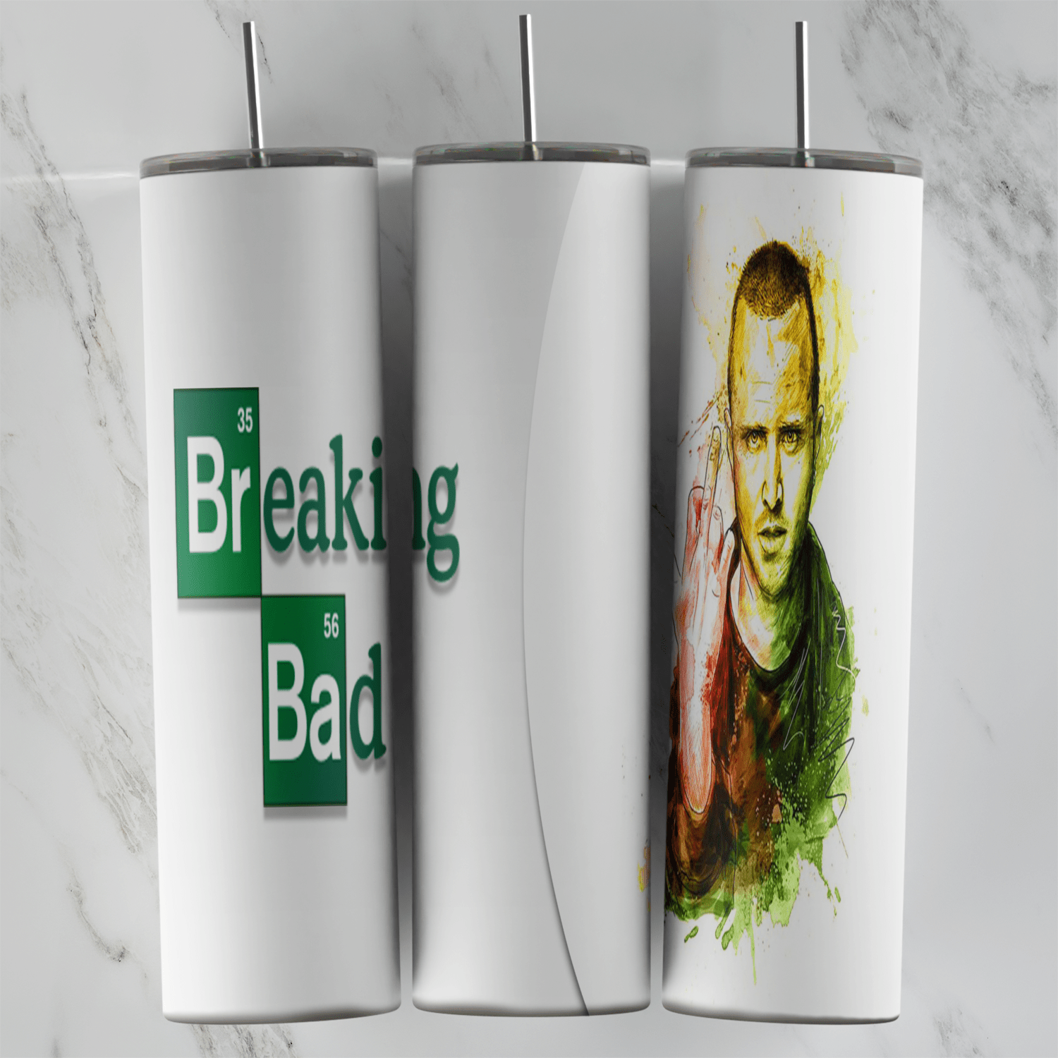 A white 20 oz tumbler wrap with the green Breaking Bad logo and a watercolor portrait of Jesse Pinkman in green, yellow and brown. Sublimation design