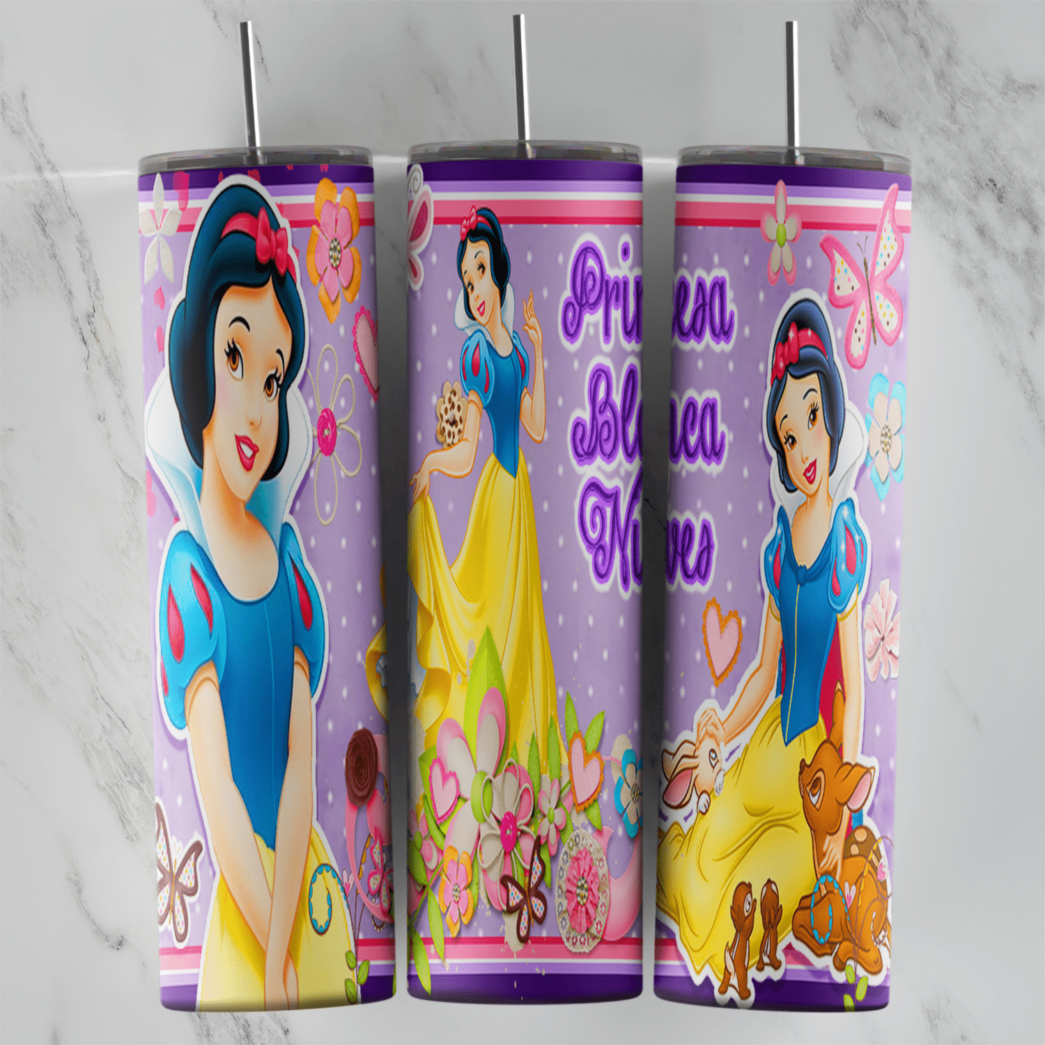 A 20 oz skinny tumbler wrap on purple with Snow White drawn three times, forest animals, flowers and Princesa Blanca Nieves. Sublimation design