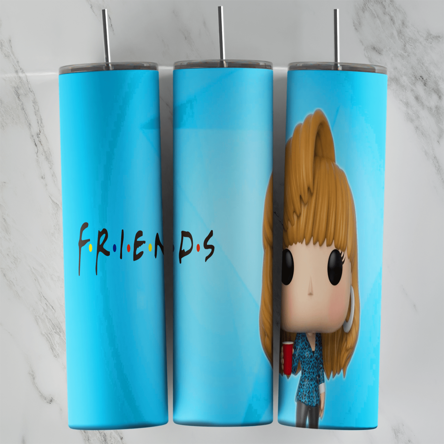 A light blue Friends tumbler wrap with the dotted F.R.I.E.N.D.S logo and a big headed chibi figure with layered blonde hair. Sublimation design