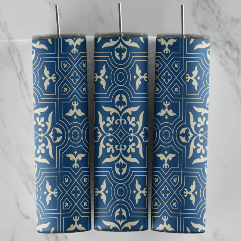 A 20 oz skinny tumbler wrap with a navy arabesque pattern: cream fleur motifs, fine line medallions and a geometric grid. Sublimation design