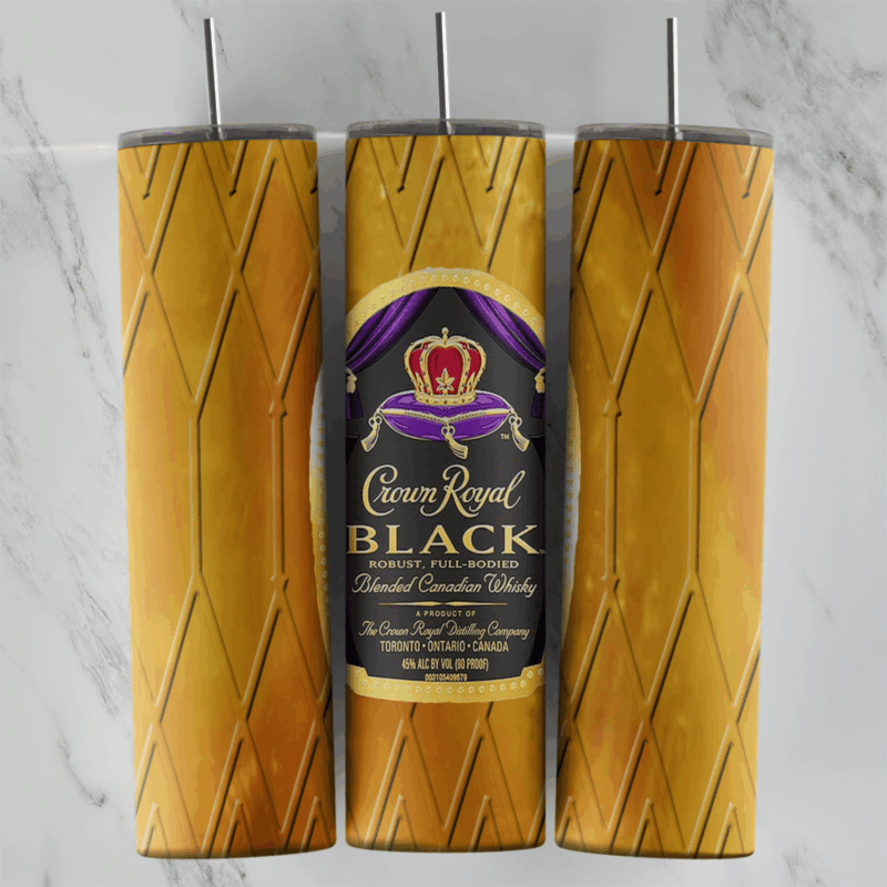 A 20 oz skinny tumbler wrap with a golden diamond pattern and a Crown Royal Black whisky label with the crown on a purple pillow. Sublimation design