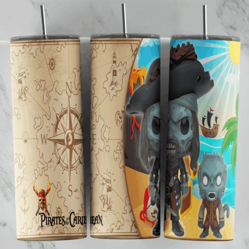 A Pirates of the Caribbean tumbler wrap: an old treasure map background with a compass rose and the Pirates of the Caribbean. Sublimation design