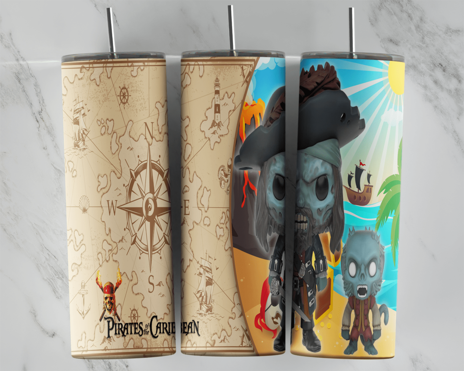 A Pirates of the Caribbean tumbler wrap: an old treasure map background with a compass rose and the Pirates of the Caribbean. Sublimation design