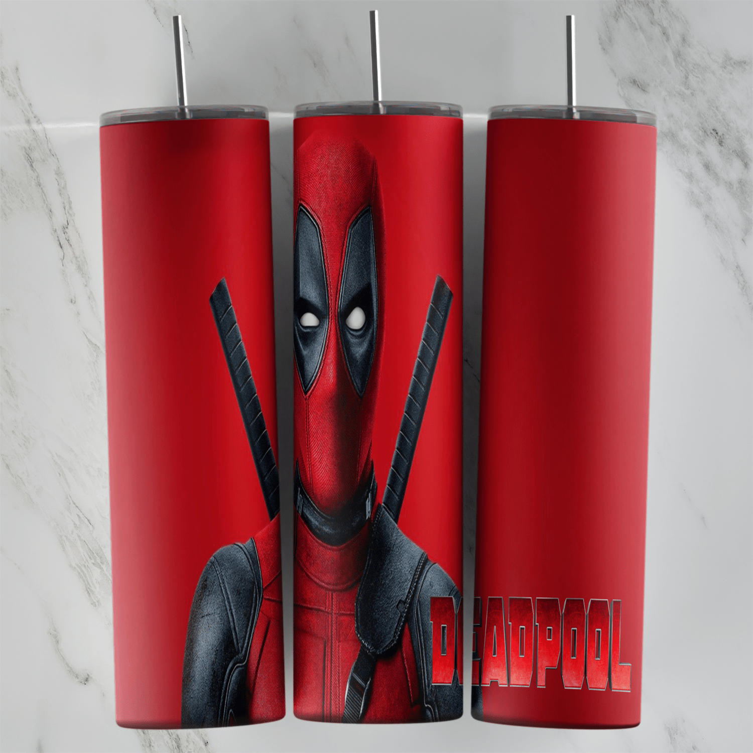 A red 20 oz tumbler wrap with a Deadpool portrait with two katanas on his back and Deadpool lettering along the side. Sublimation design