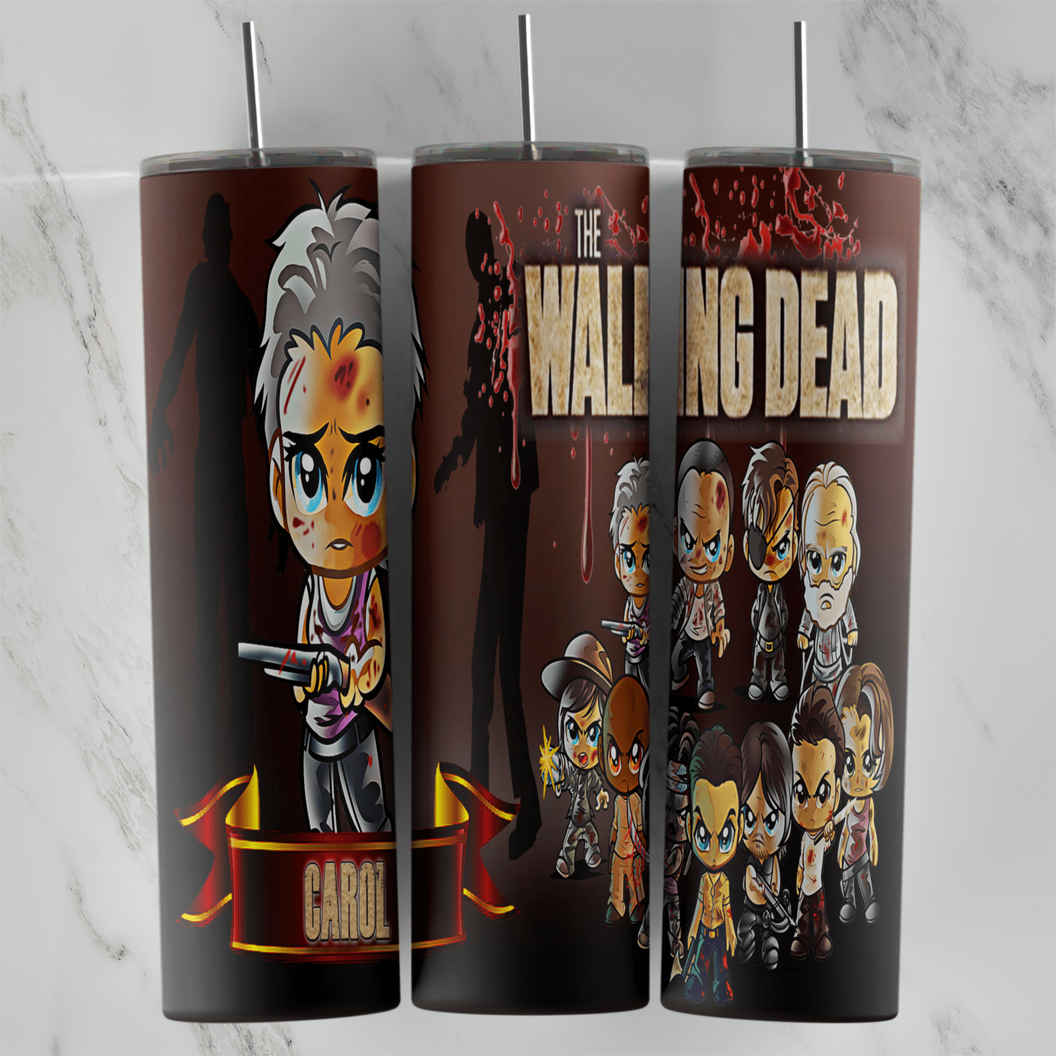 A dark red The Walking Dead tumbler wrap with a group of chibi survivors and a chibi Carol with short gray hair holding a gun. Sublimation design