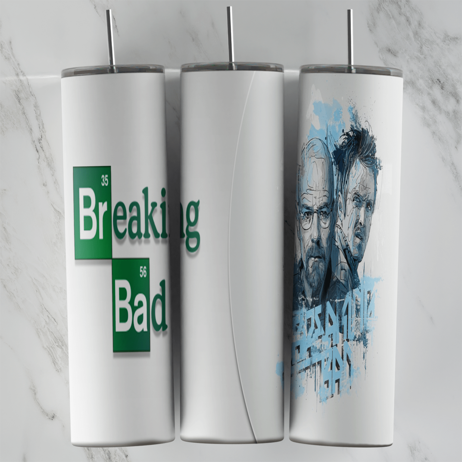 A white 20 oz tumbler wrap with the green Breaking Bad logo and a blue watercolor portrait of Walter White and Jesse Pinkman. Sublimation design