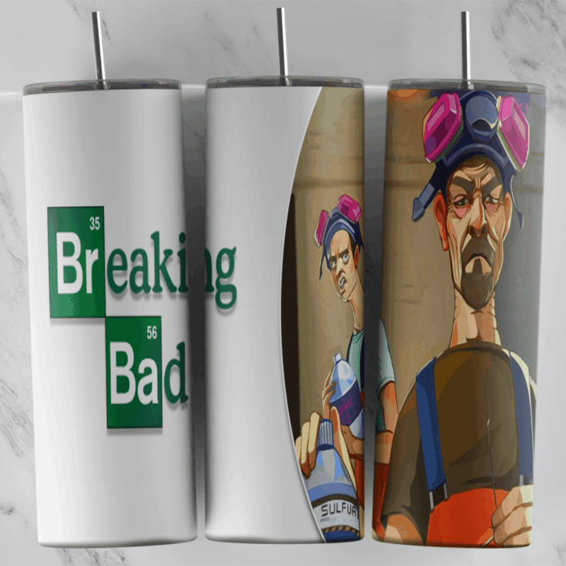 A white 20 oz tumbler wrap with the Breaking Bad logo and a cartoon panel of Walter White and Jesse Pinkman wearing gas masks. Sublimation design